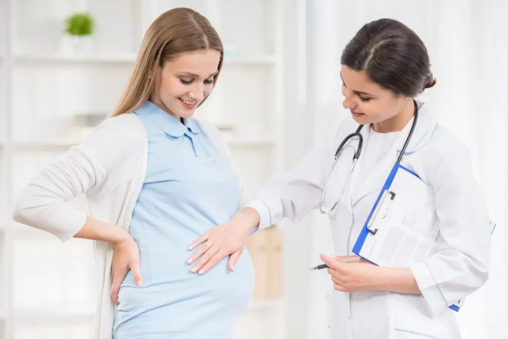 A pregnant lady is consulting with her doctor.