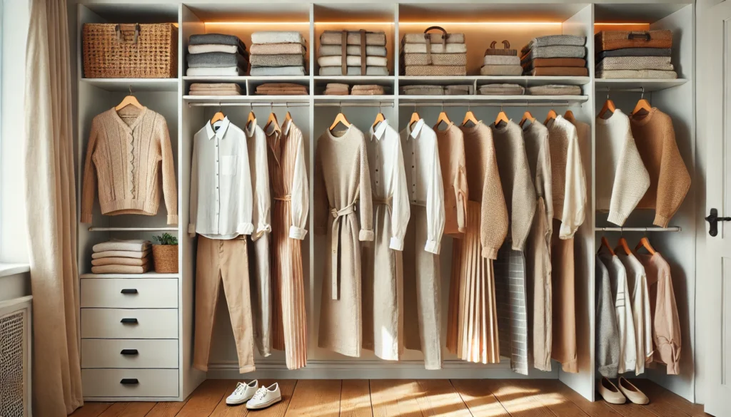 A well-curated open closet displaying linen shirts for summer, cozy knitwear for winter, versatile midi dresses, tailored trousers, and neutral coats, designed for effortless year-round styling.