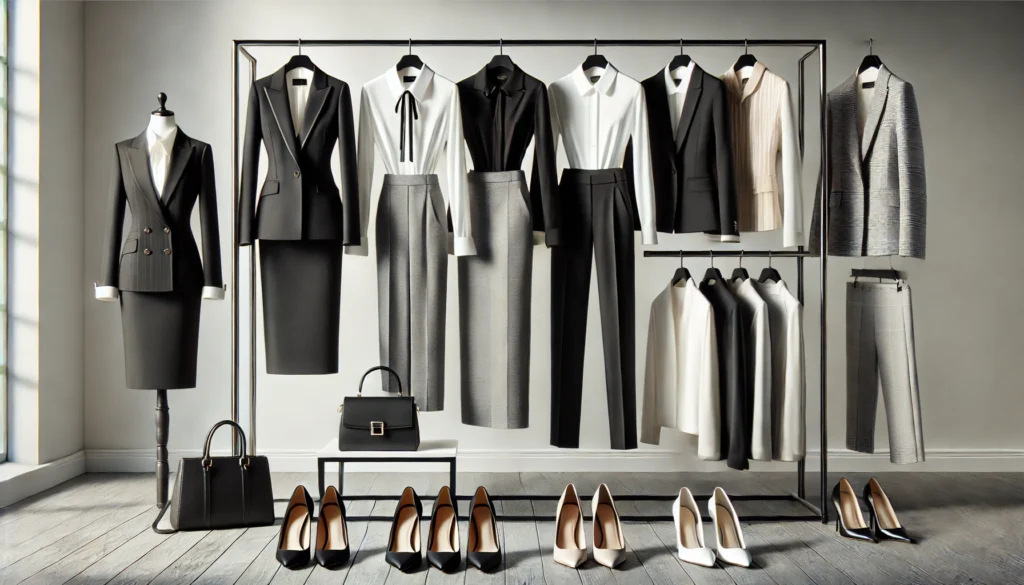 A stylish women’s business capsule wardrobe featuring an elegant selection of black, white, and gray professional outfits. The collection includes sleek blazers, tailored skirts, and dress pants displayed on a minimalist clothing rack with complementary heels and handbags.