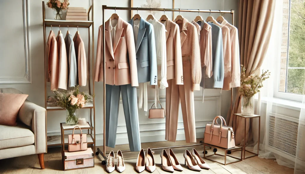 A refined women's business capsule wardrobe featuring soft pastel blazers, delicate blouses, and tailored trousers. The collection, in shades of blush pink, light blue, and beige, is displayed on a stylish clothing rack with matching shoes and handbags, creating a polished and feminine aesthetic.