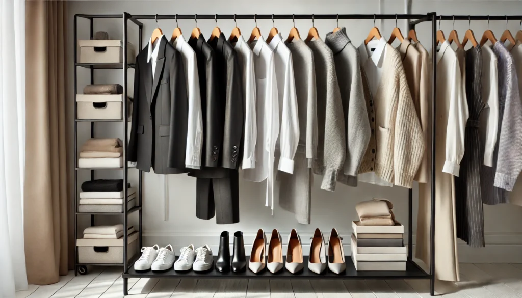 A stylish women’s capsule closet featuring an elegant mix of monochrome wardrobe staples, including black blazers, white button-down shirts, and gray knitwear. The clothing hangs neatly on a modern rack, with carefully arranged neutral-toned shoes and accessories creating a cohesive, minimalist look.