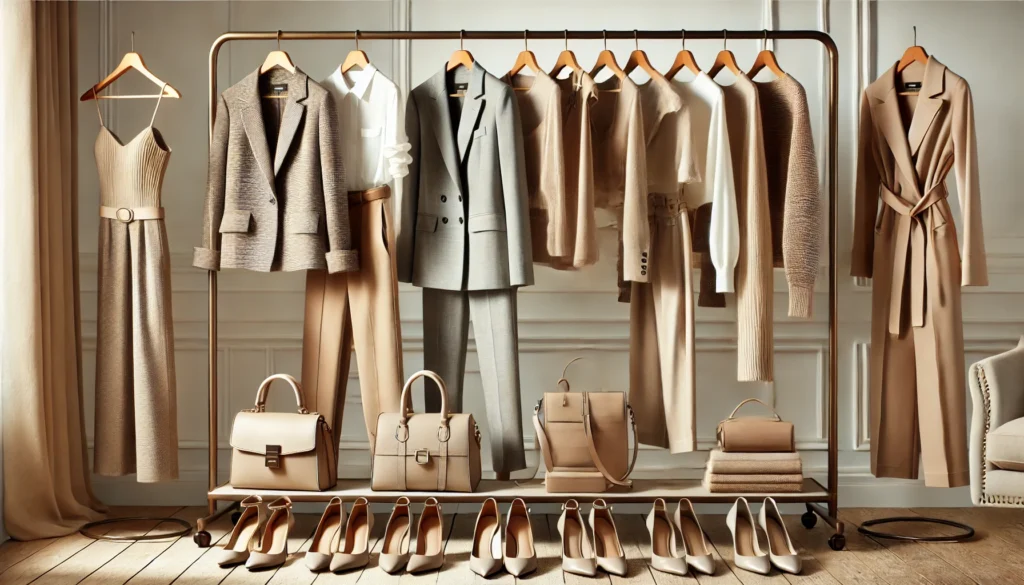 A stylish clothing rack featuring a curated collection of neutral-toned blazers, tailored pants, dresses, and versatile accessories like handbags, scarves, and heels, set against a modern minimalist interior.