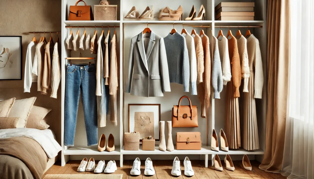 A beautifully arranged open-concept closet featuring structured blazers, soft knitwear, classic denim, elegant dresses, and coordinated accessories like shoes and handbags, set in a minimalist, neutral-toned interior.