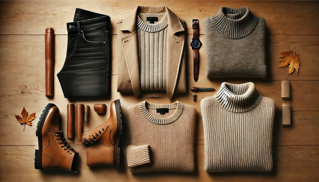 A well-arranged men's fall capsule wardrobe on a wooden surface, featuring neutral-toned sweaters, a wool coat, dark-wash jeans, brown leather boots, and a minimalist watch. The collection highlights warm autumn tones and soft textures.
