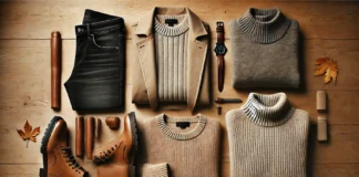 The Ultimate Men’s Fall Capsule Wardrobe: Timeless Essentials for a Stylish Season A well-arranged men's fall capsule wardrobe on a wooden surface, featuring neutral-toned sweaters, a wool coat, dark-wash jeans, brown leather boots, and a minimalist watch. The collection highlights warm autumn tones and soft textures.