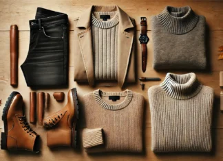 A well-arranged men's fall capsule wardrobe on a wooden surface, featuring neutral-toned sweaters, a wool coat, dark-wash jeans, brown leather boots, and a minimalist watch. The collection highlights warm autumn tones and soft textures.