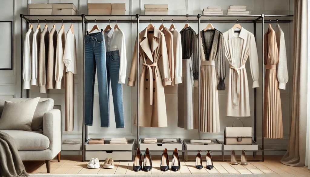 A sleek and organized capsule wardrobe featuring classic trench coats, silk blouses, straight-leg jeans, elegant dresses, and versatile footwear, displayed in a bright, modern space with a neutral color palette.