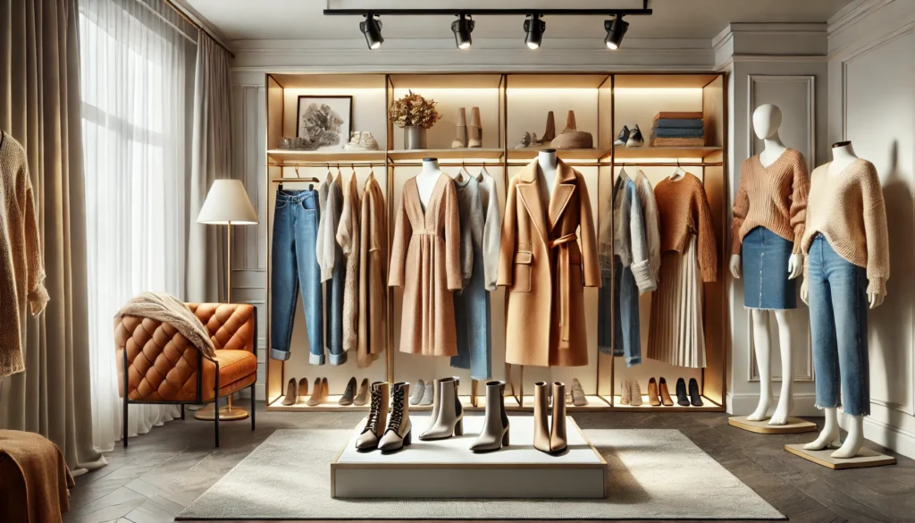 A curated selection of stylish coats, elegant dresses, trendy denim, and versatile footwear displayed in a modern, soft-lit interior with a neutral color palette, embodying a balanced mix of casual and formal fashion.