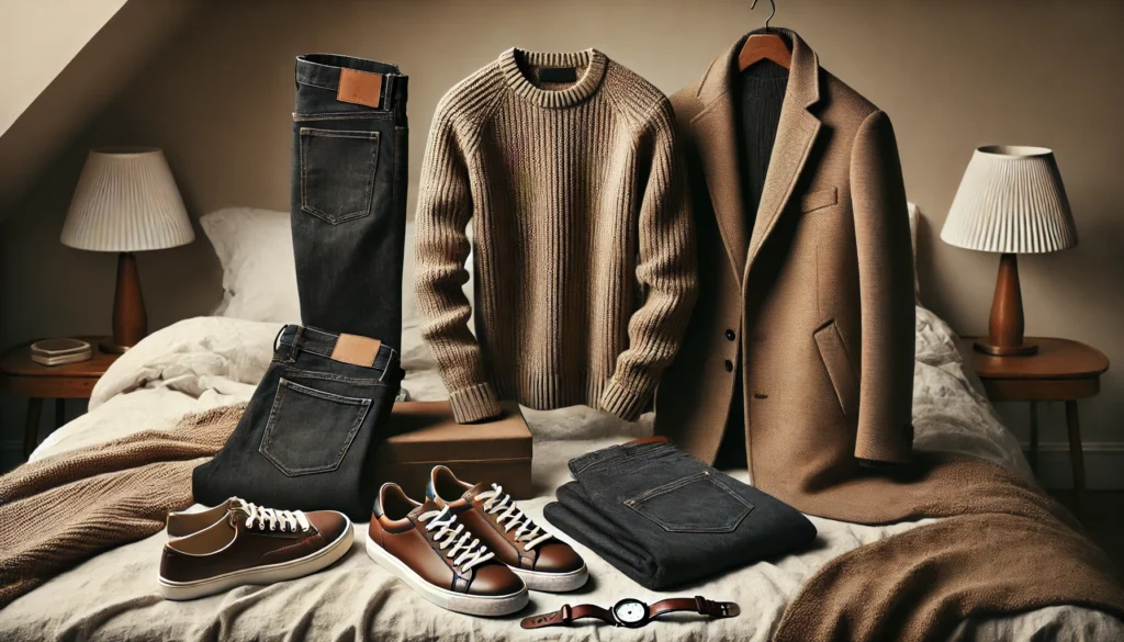 A men's fall outfit ensemble displayed on a minimalist bedspread, featuring a casual wool sweater, dark denim jeans, a tailored coat, classic leather sneakers, and a wristwatch. The setting evokes warmth and comfort, embodying autumn fashion.