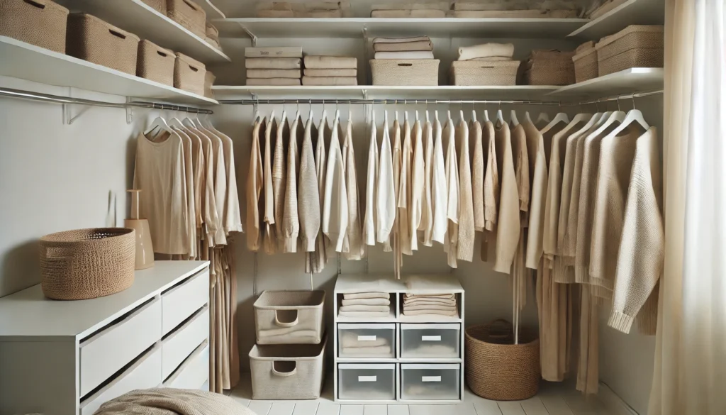 A beautifully organized minimalist closet featuring a neutral capsule wardrobe with beige, white, and soft gray garments neatly hung and folded, complemented by simple storage baskets and soft lighting.