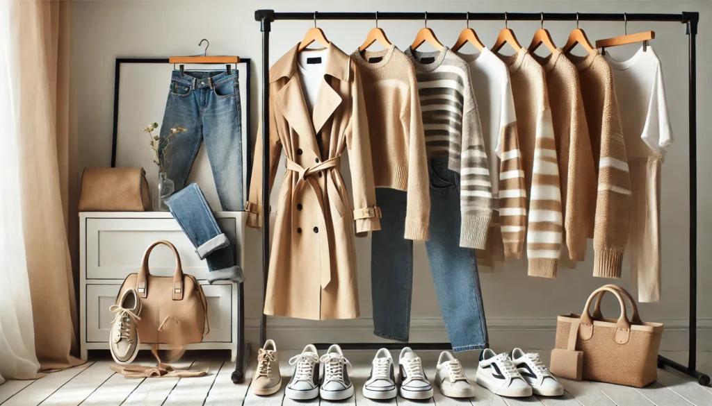 A modern women's effortless style capsule wardrobe featuring casual chic essentials, including lightweight trench coats, relaxed-fit jeans, classic striped tops, and neutral-toned sweaters. The outfits are arranged on a minimalist clothing rack with stylish sneakers, loafers, and handbags for a versatile everyday look.