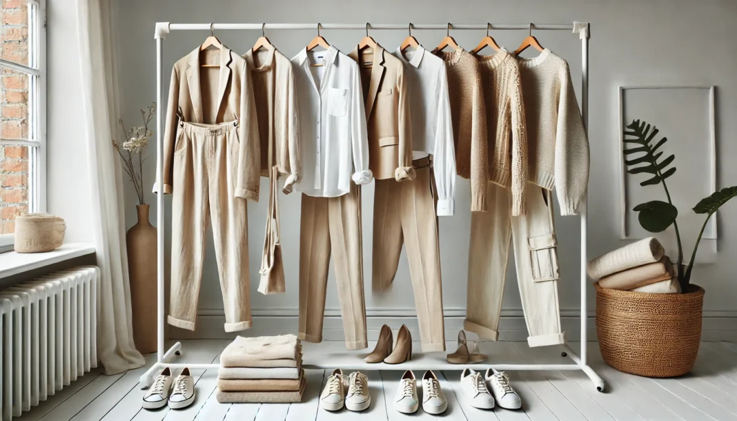 A curated women's effortless style capsule wardrobe featuring neutral-toned essentials, including beige blazers, white linen shirts, relaxed-fit trousers, and soft knit sweaters. The outfits are displayed on a minimalist clothing rack with coordinated shoes and accessories, creating a relaxed yet polished aesthetic.