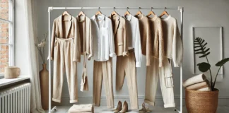 Effortless Style: How a Capsule Wardrobe Service Can Transform Your Closet A curated women's effortless style capsule wardrobe featuring neutral-toned essentials, including beige blazers, white linen shirts, relaxed-fit trousers, and soft knit sweaters. The outfits are displayed on a minimalist clothing rack with coordinated shoes and accessories, creating a relaxed yet polished aesthetic.