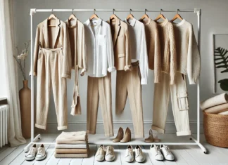 A curated women's effortless style capsule wardrobe featuring neutral-toned essentials, including beige blazers, white linen shirts, relaxed-fit trousers, and soft knit sweaters. The outfits are displayed on a minimalist clothing rack with coordinated shoes and accessories, creating a relaxed yet polished aesthetic.