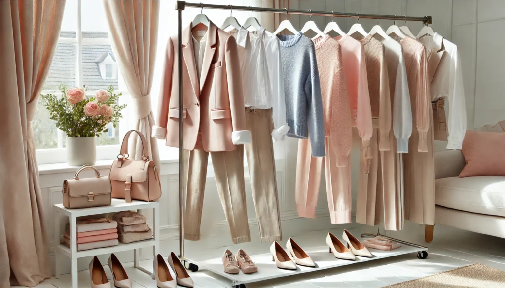 A refined women's effortless style capsule wardrobe featuring soft pastel essentials, including blush pink blazers, beige trousers, light blue knitwear, and airy white blouses. The outfits are neatly displayed on a chic clothing rack, complemented by coordinated shoes and handbags, creating a fresh and feminine aesthetic.