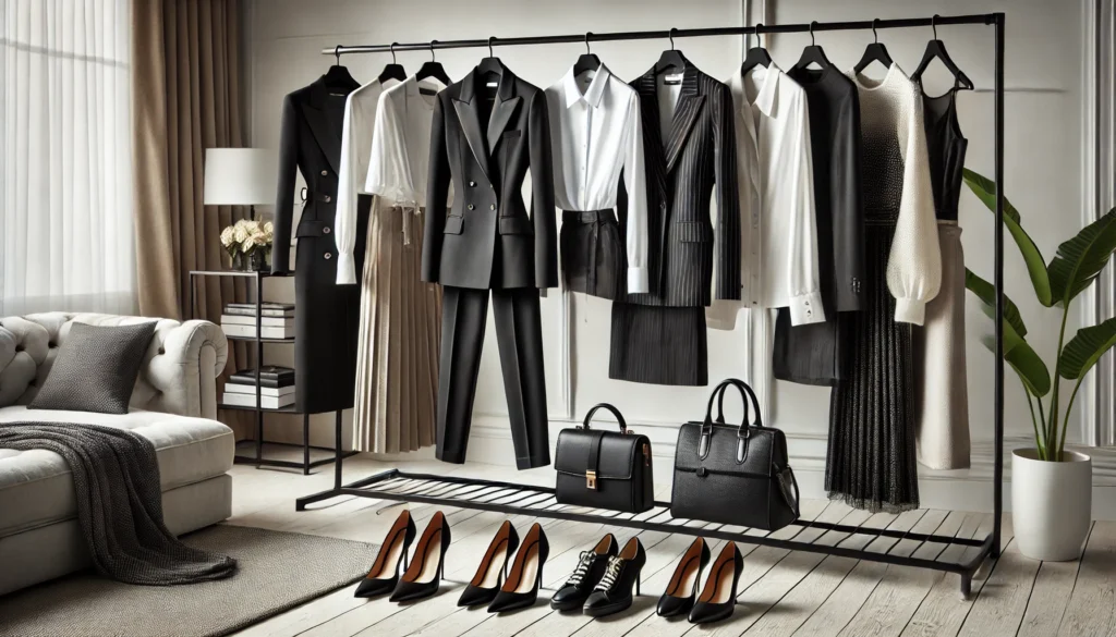 A sophisticated women’s effortless style capsule wardrobe featuring a timeless black and white collection of structured blazers, classic shirts, tailored trousers, and elegant dresses. The outfits are displayed on a sleek clothing rack, with matching shoes and handbags arranged below for a polished and versatile look.