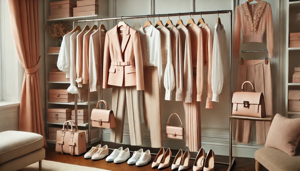 A refined women’s capsule closet featuring a selection of soft pastel wardrobe staples, including blush pink blazers, beige trousers, and delicate white blouses. The outfits are neatly displayed on a chic clothing rack, complemented by coordinated handbags and shoes in muted tones for a sophisticated, feminine aesthetic.