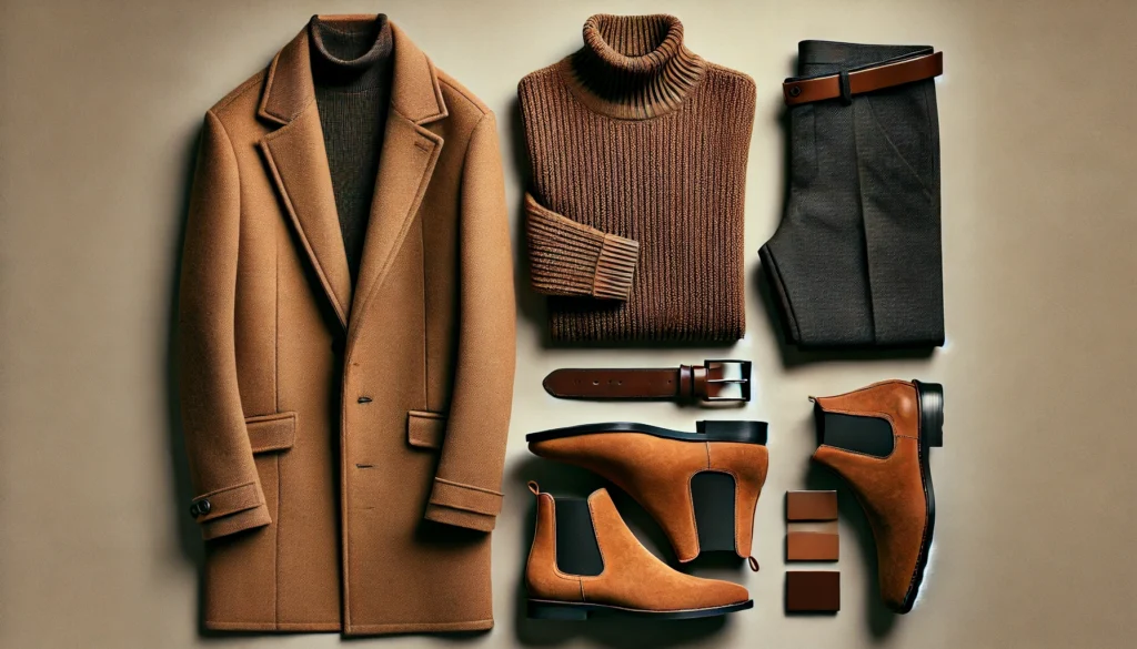 A neatly arranged men's fall outfit on a flat surface, including a camel overcoat, a textured turtleneck sweater, slim-fit dark trousers, suede Chelsea boots, and a leather belt. The color palette consists of warm earth tones, offering a refined and modern look.
