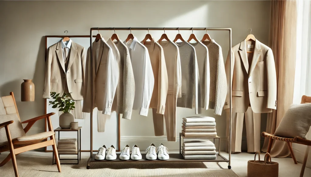 A curated selection of neutral-toned clothing, including beige blazers, white shirts, and gray knitwear, neatly arranged on a minimalist clothing rack in a bright, modern room with soft lighting.