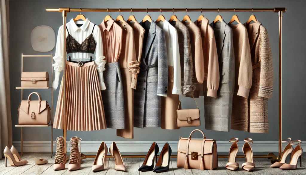 A stylish clothing rack showcasing fresh wardrobe ideas, including tailored blazers, elegant skirts, stylish blouses, trendy handbags, and sleek heels. The mix of neutrals and statement colors enhances the sophisticated aesthetic.