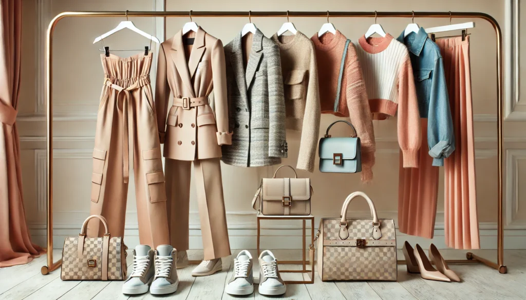 A trendy outfit selection displayed on a modern clothing rack, including statement blazers, chic wide-leg pants, fashionable sneakers, structured handbags, and layered accessories. The blend of classic neutrals and trendy pastel tones creates a fresh and chic style.