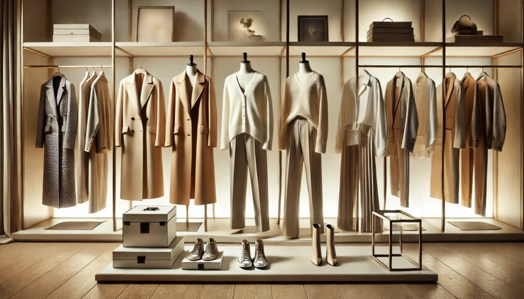 A luxurious boutique setup showcasing structured coats, silk blouses, tailored pants, and elegant footwear, arranged neatly in a modern fashion space with neutral tones and soft lighting.