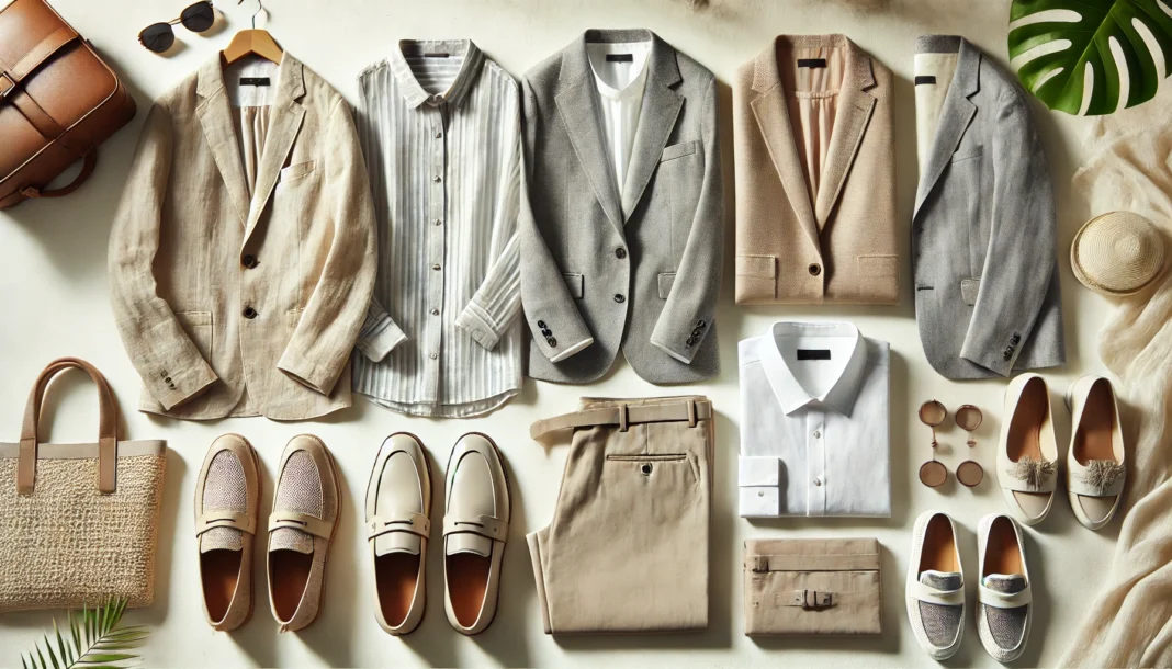 A stylish flat lay of a summer business casual capsule wardrobe featuring light and breathable fabrics in neutral and pastel tones. Includes linen blazers, cotton blouses, tailored trousers, and elegant loafers, arranged on a neutral background.