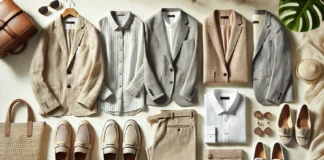 A stylish flat lay of a summer business casual capsule wardrobe featuring light and breathable fabrics in neutral and pastel tones. Includes linen blazers, cotton blouses, tailored trousers, and elegant loafers, arranged on a neutral background.