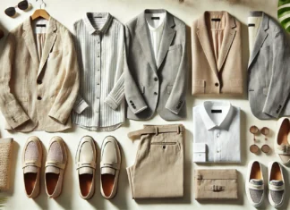A stylish flat lay of a summer business casual capsule wardrobe featuring light and breathable fabrics in neutral and pastel tones. Includes linen blazers, cotton blouses, tailored trousers, and elegant loafers, arranged on a neutral background.