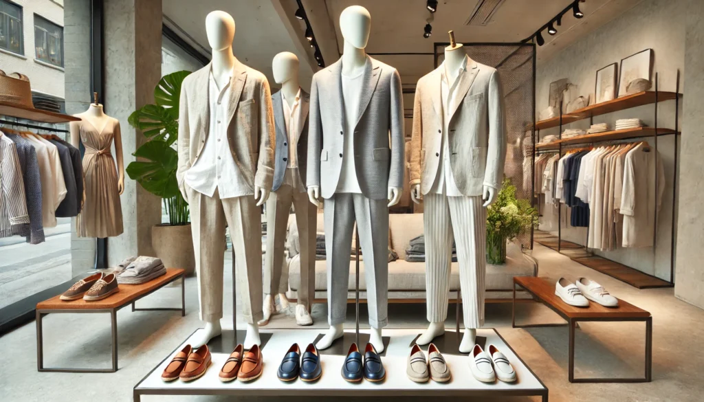A collection of summer business casual outfits displayed on mannequins, featuring lightweight linen blazers, tailored trousers, breathable button-up shirts, and chic loafers in a stylish boutique setting.