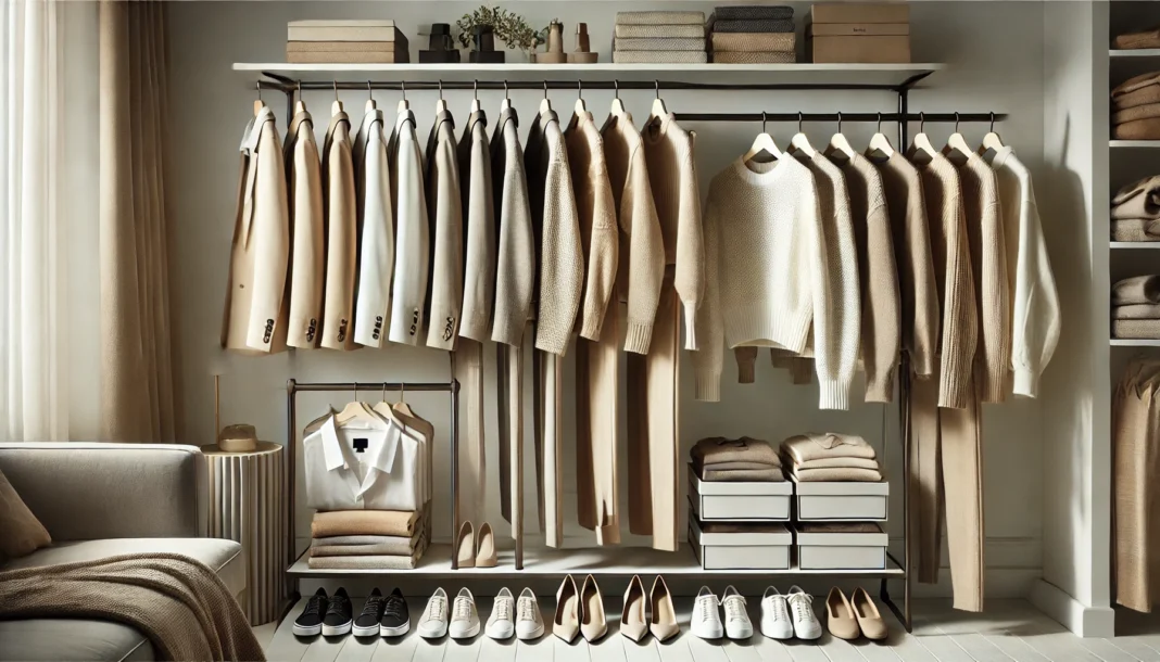 A neatly arranged women's capsule closet featuring a curated selection of neutral-tone blazers, cozy sweaters, versatile tops, and tailored trousers. The collection, in shades of beige, white, and black, hangs on a sleek clothing rack with matching shoes and accessories.
