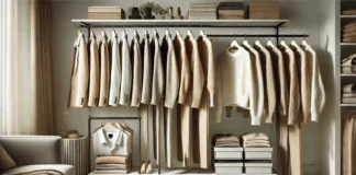 Best Capsule Clothing Brands for Effortless Style: Wardrobe Essentials You Need A neatly arranged women's capsule closet featuring a curated selection of neutral-tone blazers, cozy sweaters, versatile tops, and tailored trousers. The collection, in shades of beige, white, and black, hangs on a sleek clothing rack with matching shoes and accessories.