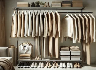 A neatly arranged women's capsule closet featuring a curated selection of neutral-tone blazers, cozy sweaters, versatile tops, and tailored trousers. The collection, in shades of beige, white, and black, hangs on a sleek clothing rack with matching shoes and accessories.