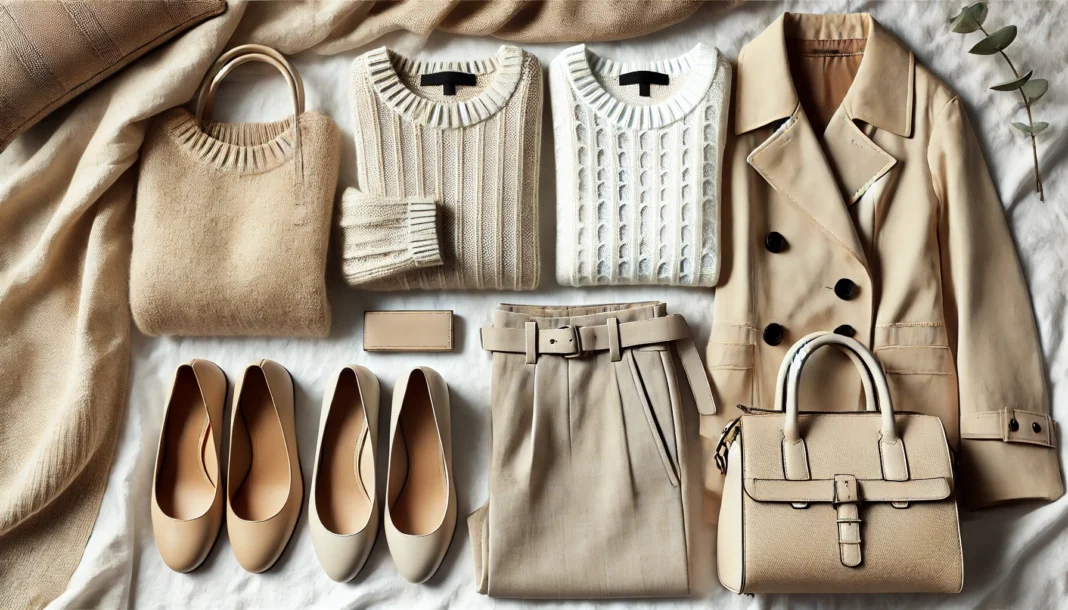 A stylish flat lay of a neutral capsule wardrobe featuring beige, white, and gray clothing pieces, including a cozy sweater, tailored trousers, a classic trench coat, and minimalist accessories arranged on a neutral background.