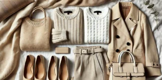 How to Build a Neutral Capsule Wardrobe: Timeless Essentials for Effortless Style A stylish flat lay of a neutral capsule wardrobe featuring beige, white, and gray clothing pieces, including a cozy sweater, tailored trousers, a classic trench coat, and minimalist accessories arranged on a neutral background.