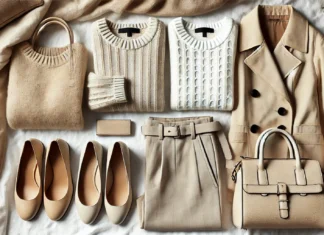 A stylish flat lay of a neutral capsule wardrobe featuring beige, white, and gray clothing pieces, including a cozy sweater, tailored trousers, a classic trench coat, and minimalist accessories arranged on a neutral background.