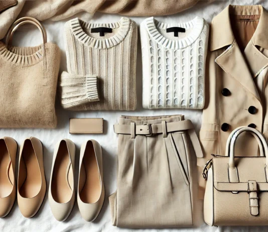 A stylish flat lay of a neutral capsule wardrobe featuring beige, white, and gray clothing pieces, including a cozy sweater, tailored trousers, a classic trench coat, and minimalist accessories arranged on a neutral background.
