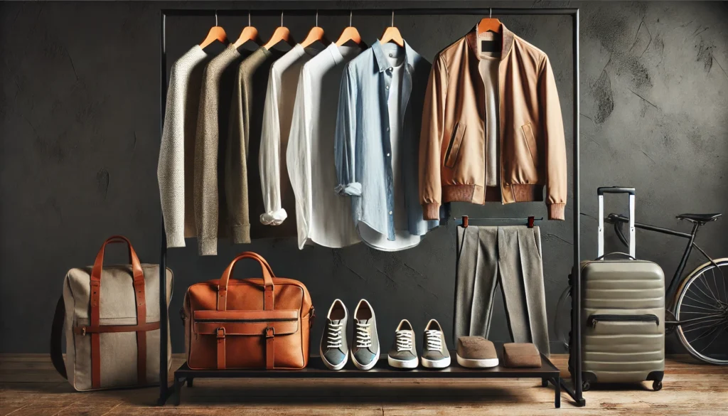 A sleek men's travel wardrobe displayed on a wooden clothing rack, featuring a lightweight jacket, button-up shirts, fitted trousers, stylish sneakers, a leather travel bag, and essential accessories. The setting highlights a curated travel fashion approach.