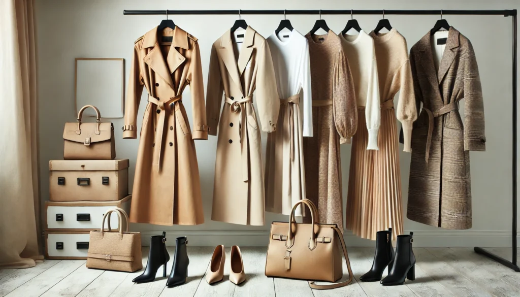 A sleek and minimalist wardrobe arrangement featuring trench coats, midi dresses, stylish handbags, ankle boots, and sophisticated accessories. The neutral tones exude effortless elegance and versatility.