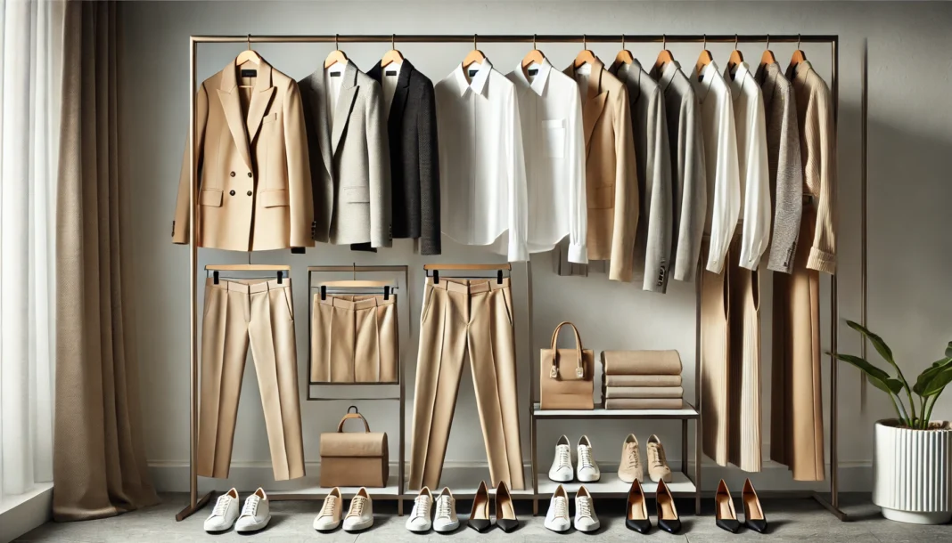 A neatly arranged women's business capsule wardrobe featuring neutral-tone blazers, tailored trousers, and classic blouses. The collection includes beige, black, and white clothing pieces hanging on a minimalist clothing rack with coordinated shoes and accessories displayed below.