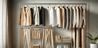 The Ultimate Guide to Building a Business Capsule Wardrobe: Stylish, Versatile, and Professional A neatly arranged women's business capsule wardrobe featuring neutral-tone blazers, tailored trousers, and classic blouses. The collection includes beige, black, and white clothing pieces hanging on a minimalist clothing rack with coordinated shoes and accessories displayed below.