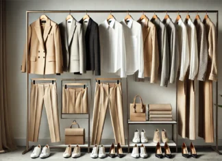 A neatly arranged women's business capsule wardrobe featuring neutral-tone blazers, tailored trousers, and classic blouses. The collection includes beige, black, and white clothing pieces hanging on a minimalist clothing rack with coordinated shoes and accessories displayed below.