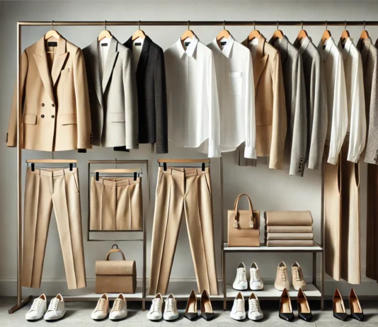 A neatly arranged women's business capsule wardrobe featuring neutral-tone blazers, tailored trousers, and classic blouses. The collection includes beige, black, and white clothing pieces hanging on a minimalist clothing rack with coordinated shoes and accessories displayed below.