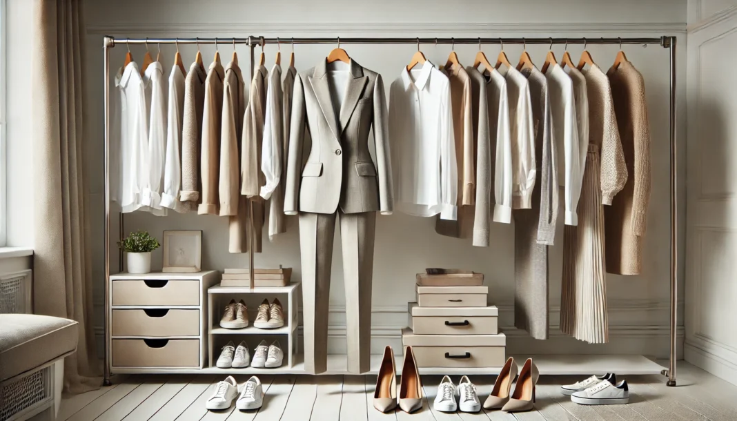 A well-organized women's capsule wardrobe featuring neutral-toned blazers, classic white shirts, tailored pants, dresses, and essential footwear displayed on a sleek clothing rack in a modern, clutter-free setting.