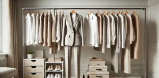 Building a Capsule Closet: Expert Tips for a Stylish and Functional Wardrobe A well-organized women's capsule wardrobe featuring neutral-toned blazers, classic white shirts, tailored pants, dresses, and essential footwear displayed on a sleek clothing rack in a modern, clutter-free setting.