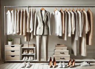 A well-organized women's capsule wardrobe featuring neutral-toned blazers, classic white shirts, tailored pants, dresses, and essential footwear displayed on a sleek clothing rack in a modern, clutter-free setting.