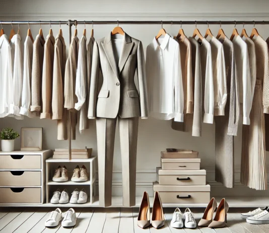 A well-organized women's capsule wardrobe featuring neutral-toned blazers, classic white shirts, tailored pants, dresses, and essential footwear displayed on a sleek clothing rack in a modern, clutter-free setting.