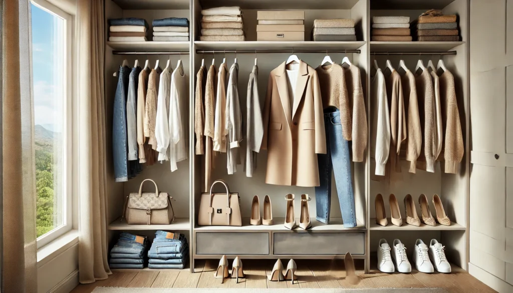 A contemporary women's wardrobe with carefully selected essentials, including neutral-colored coats, elegant blouses, stylish jeans, classic heels, and handbags, arranged neatly in a bright, modern space.