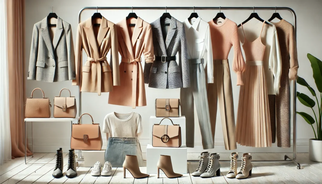 A contemporary wardrobe display featuring trendy blazers, minimalistic dresses, high-waisted trousers, chic handbags, and sleek ankle boots. The neutral color palette with pastel accents adds a fresh and fashionable touch.