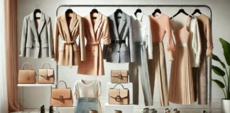 Fresh & Chic: New Wardrobe Ideas to Elevate Your Style Effortlessly A contemporary wardrobe display featuring trendy blazers, minimalistic dresses, high-waisted trousers, chic handbags, and sleek ankle boots. The neutral color palette with pastel accents adds a fresh and fashionable touch.